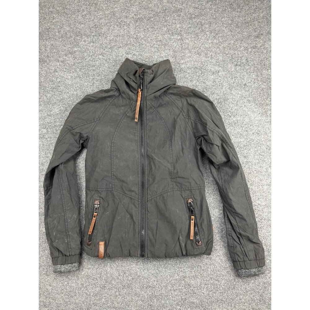 Naketano Jacket Womens Small‎ Dark Gray Hooded Zip Pockets Faux Leather Trim